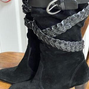 Black Suede Women's Boots with Braided Detail
